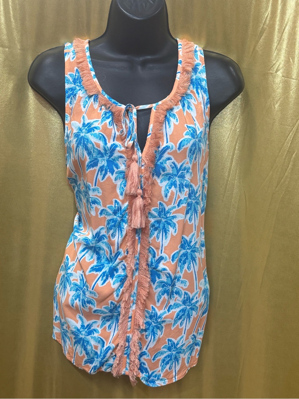 Crown & Ivy Tropical Palm Tree Tassel Tank Top Size Medium Peach Blue